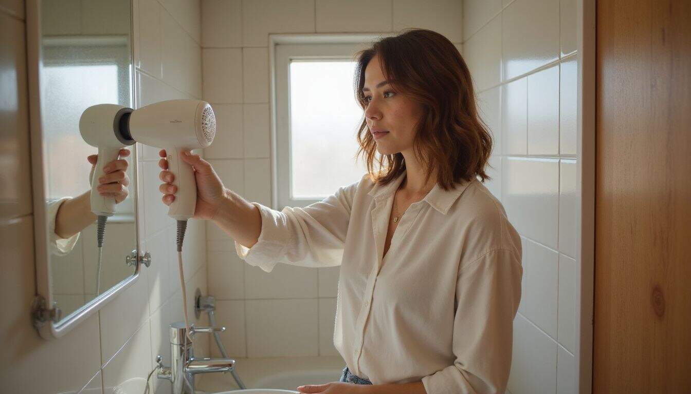A woman in a bathroom uses a wall-mounted hair dryer while displaying a natural, focused expression. A woman in a bathroom uses a wall-mounted hair dryer while displaying a natural, focused expression.