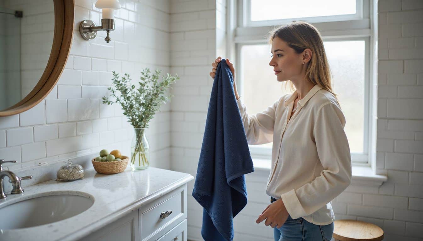 A woman in a fitted blouse reaches for a navy towel in a beautifully arranged, modern bathroom. A woman in a fitted blouse reaches for a navy towel in a beautifully arranged, modern bathroom.