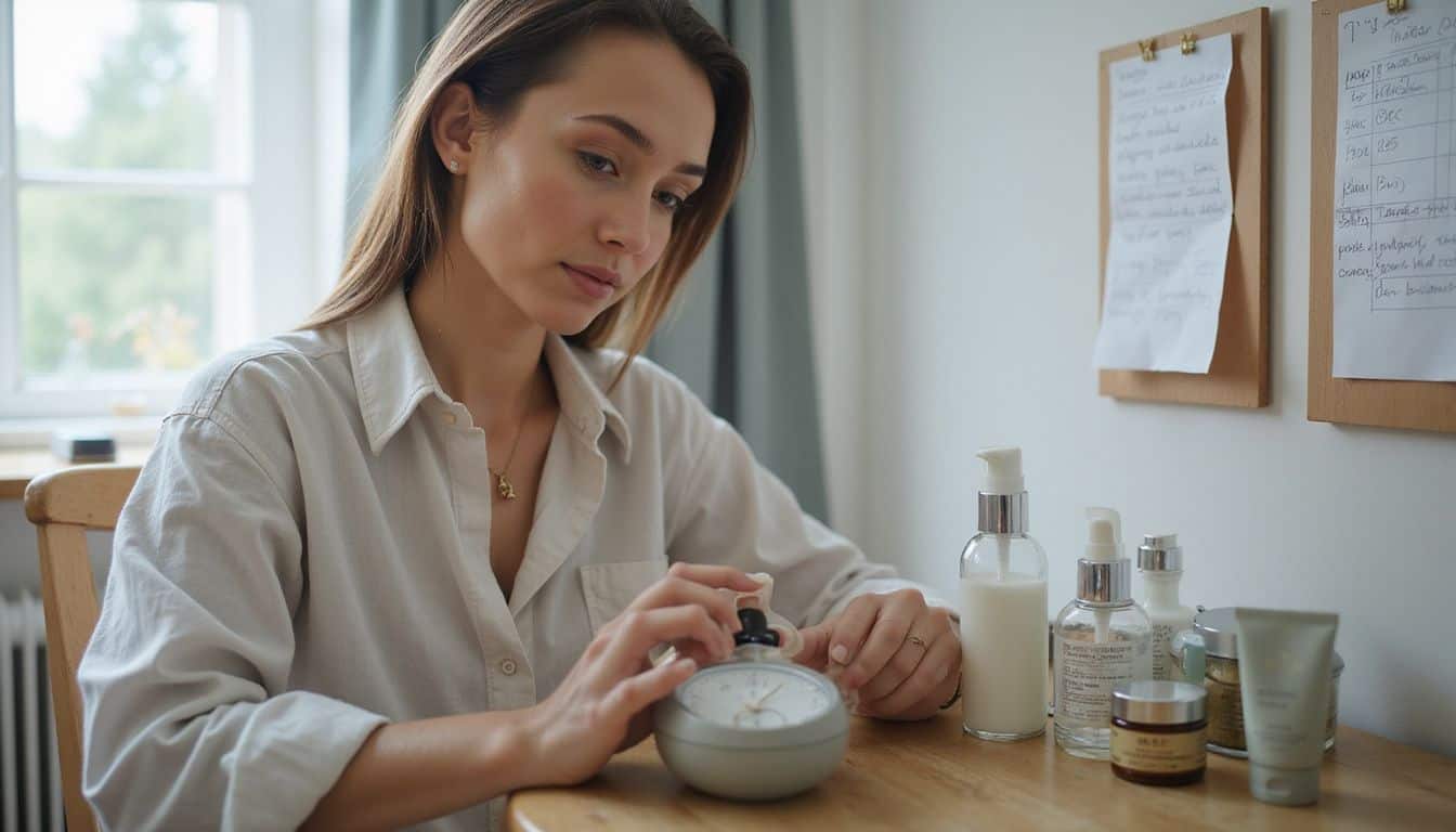 A woman in her 30s sits at a vanity table, surrounded by skincare products and a timer. A woman in her 30s sits at a vanity table, surrounded by skincare products and a timer.
