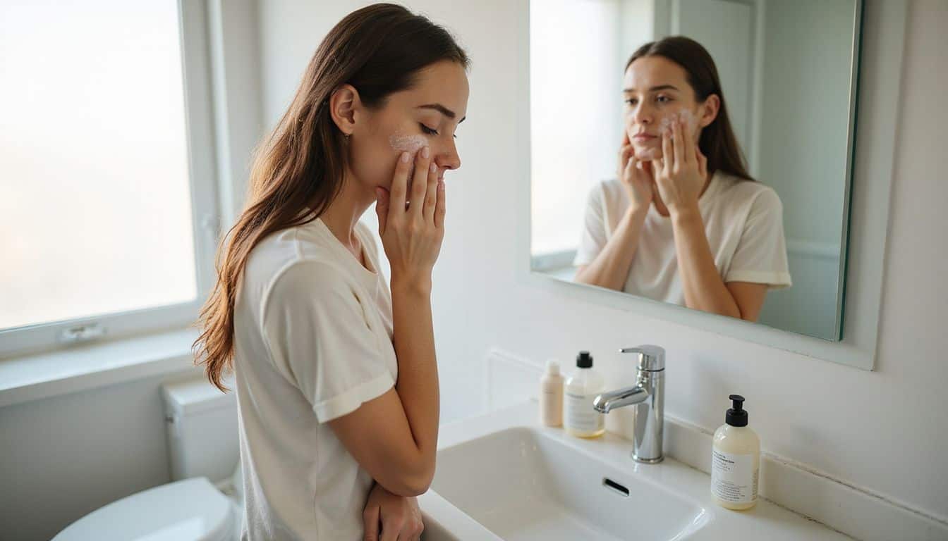 A woman in her 30s gently applies Hydrating Gel Cleanser while surrounded by neatly arranged skincare products in a serene bathroom. A woman in her 30s gently applies Hydrating Gel Cleanser while surrounded by neatly arranged skincare products in a serene bathroom.