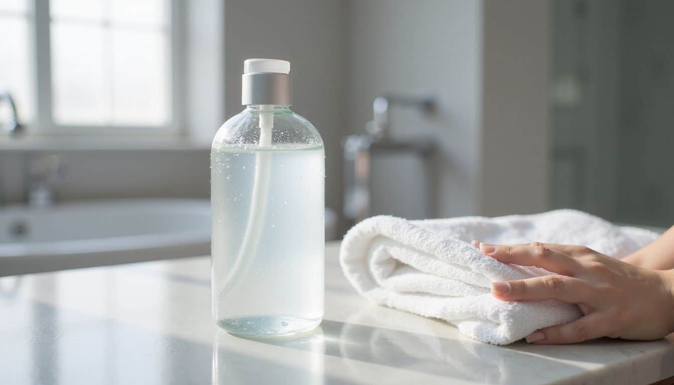 A glass bottle of moisturizer sits on a marble countertop beside a plush towel, embodying a serene self-care moment. A glass bottle of moisturizer sits on a marble countertop beside a plush towel, embodying a serene self-care moment.