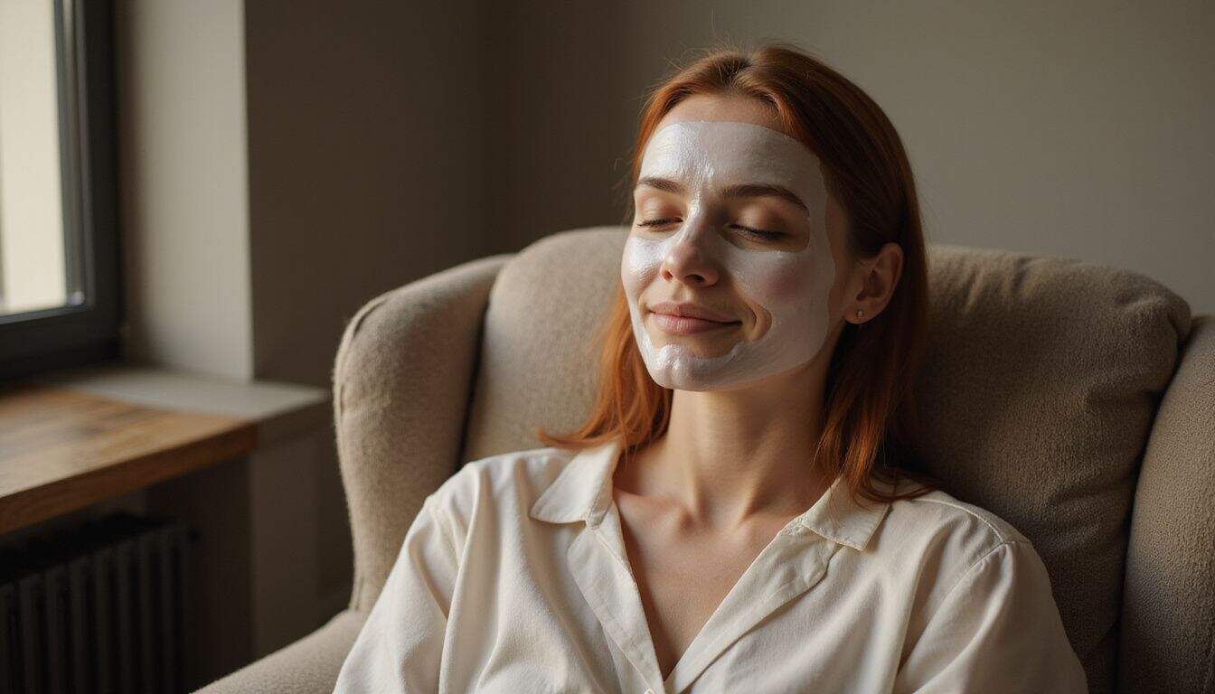 A woman enjoys a serene moment of self-care while wearing a gel face mask in a cozy, comfortable setting. A woman enjoys a serene moment of self-care while wearing a gel face mask in a cozy, comfortable setting.