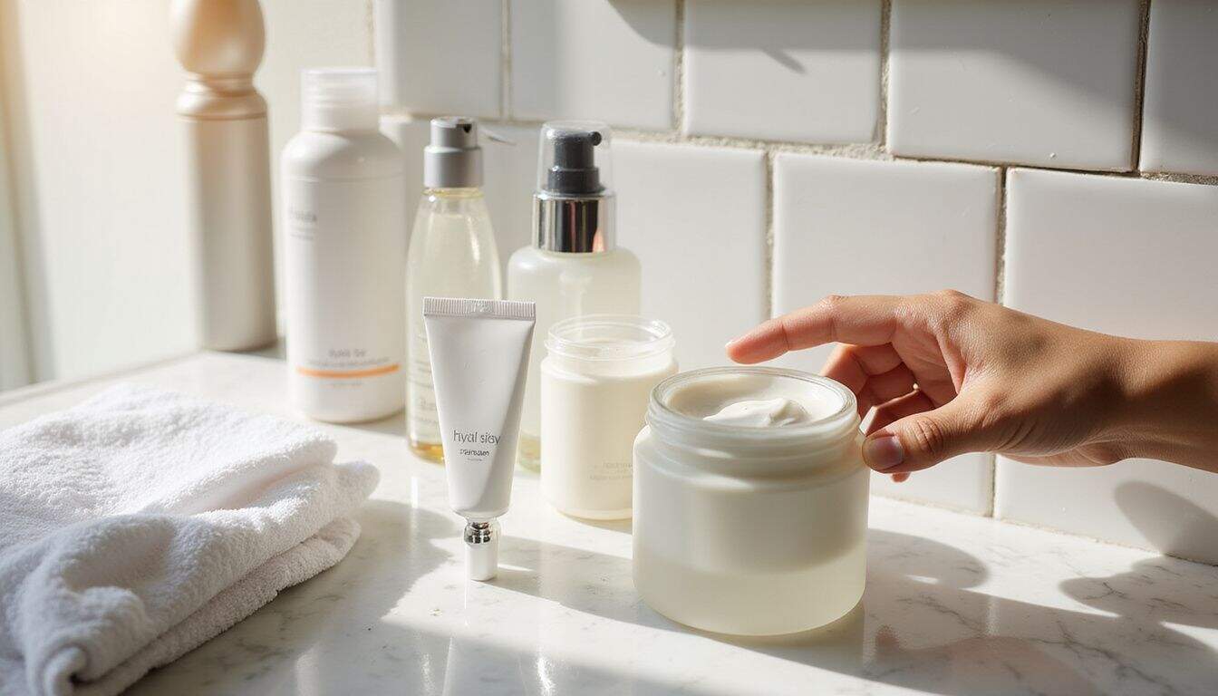 A neatly organized array of LightBoost skincare products on a marble countertop, emphasizing care and simplicity. A neatly organized array of LightBoost skincare products on a marble countertop, emphasizing care and simplicity.