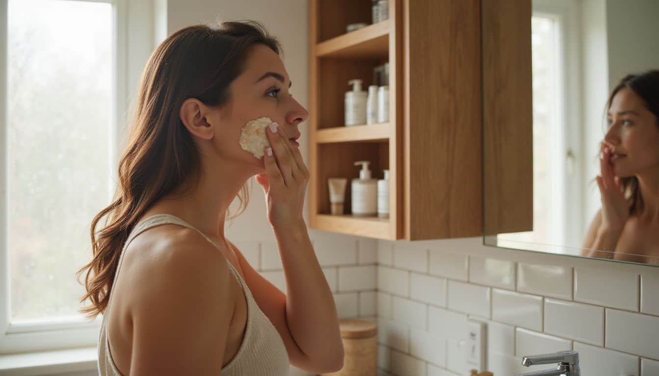A woman applies sunscreen in a modern bathroom, showcasing a serene morning skincare routine. A woman applies sunscreen in a modern bathroom, showcasing a serene morning skincare routine.