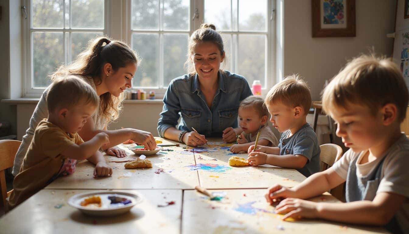 A vibrant preschool art classroom captures young children engaged in creative activities, with a teacher guiding them attentively. A vibrant preschool art classroom captures young children engaged in creative activities, with a teacher guiding them attentively.