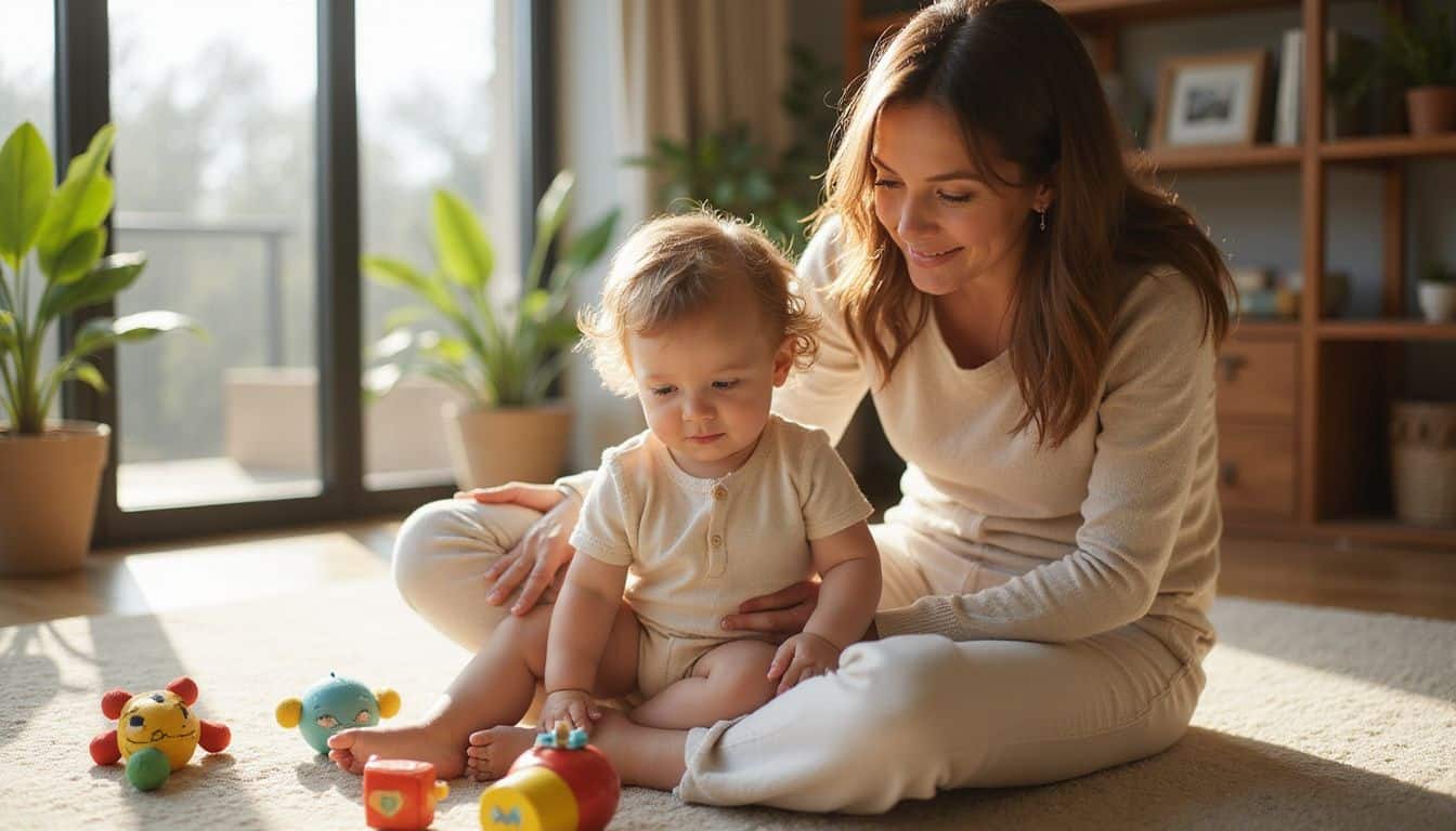 A mother and her toddler engage playfully with colorful sensory toys in a cozy, inviting room. A mother and her toddler engage playfully with colorful sensory toys in a cozy, inviting room.