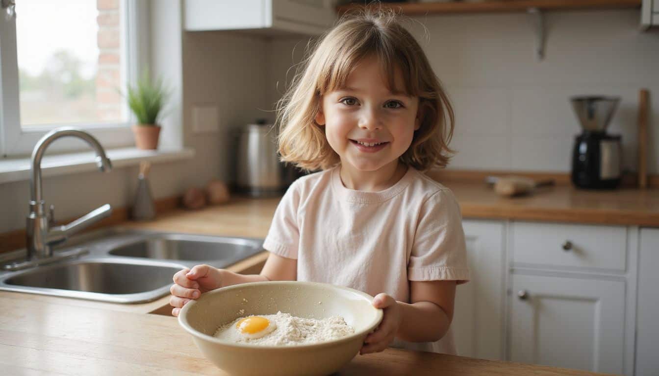 A joyful young girl stands at a kitchen countertop, holding a mixing bowl filled with flour and eggs. A joyful young girl stands at a kitchen countertop, holding a mixing bowl filled with flour and eggs.