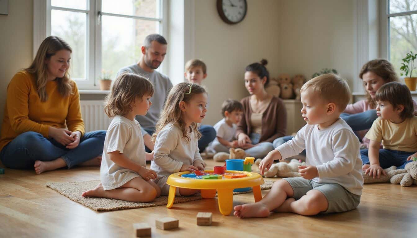 A cozy children's play area in a community center filled with toys and engaged families enjoying their time together. A cozy children's play area in a community center filled with toys and engaged families enjoying their time together.