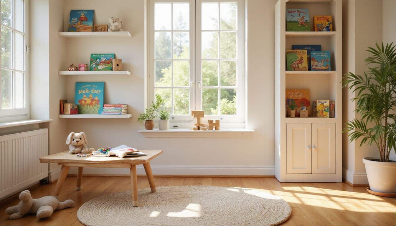 A cozy children's playroom filled with colorful books, toys, and a child-sized table, inviting creativity and play. A cozy children's playroom filled with colorful books, toys, and a child-sized table, inviting creativity and play.