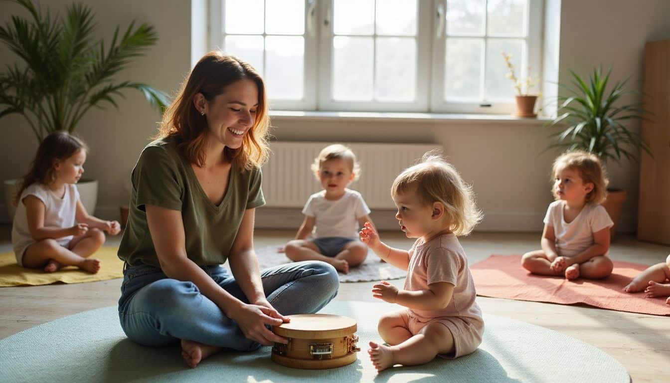 A mother joyfully engages with her toddler in a cozy music studio filled with warmth and connection. A mother joyfully engages with her toddler in a cozy music studio filled with warmth and connection.