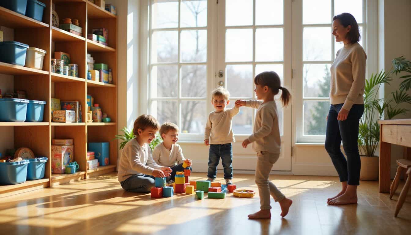 A playroom filled with children joyfully engaging with toys while an attentive adult supervises their activities. A playroom filled with children joyfully engaging with toys while an attentive adult supervises their activities.