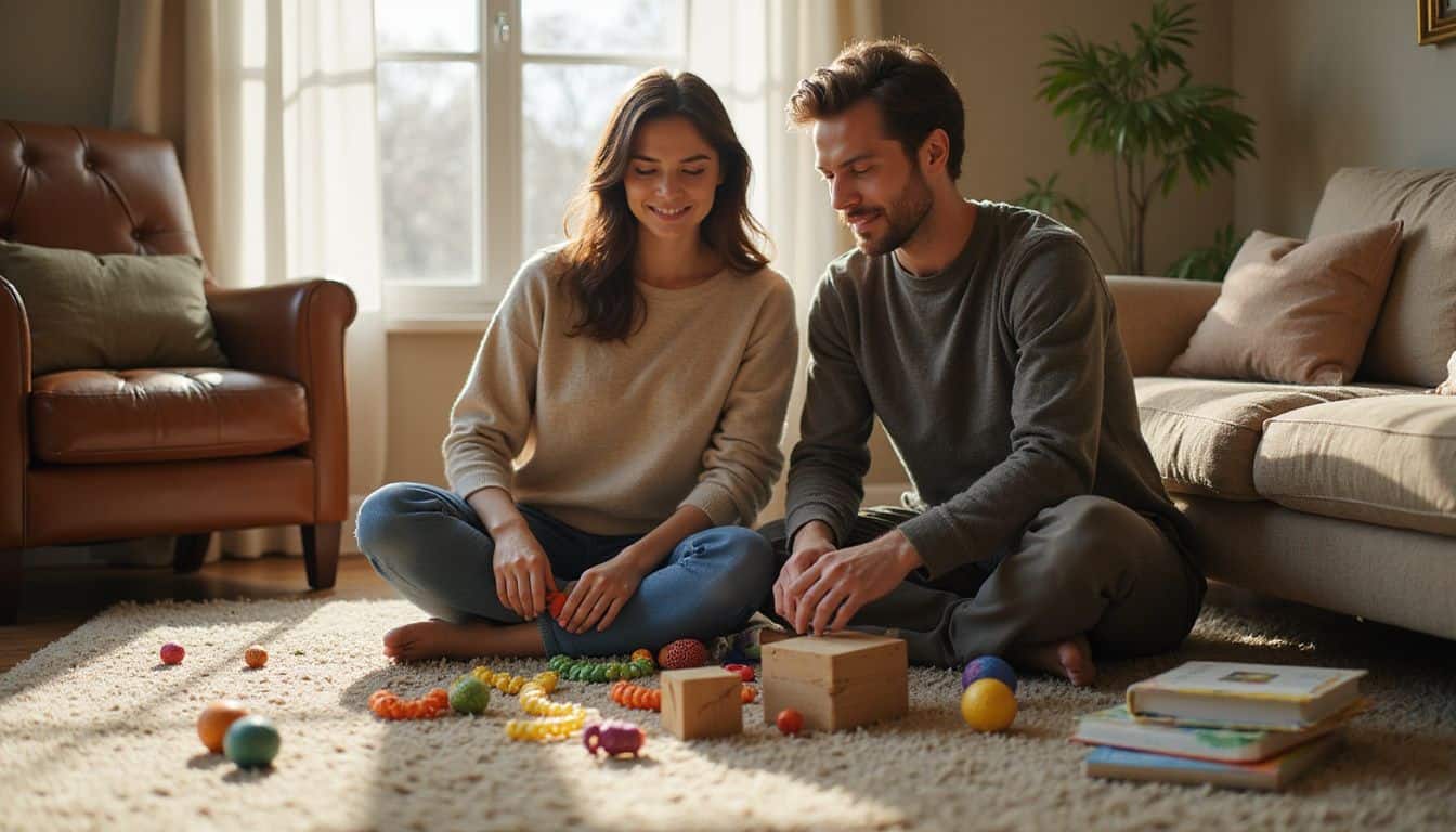 A cozy living room with a family playing among colorful sensory toys on a plush rug. A cozy living room with a family playing among colorful sensory toys on a plush rug.