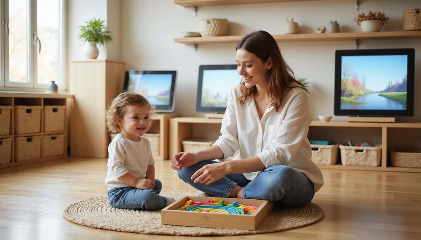 A modern classroom features interactive learning stations where a woman engages playfully with a toddler on a rug. A modern classroom features interactive learning stations where a woman engages playfully with a toddler on a rug.