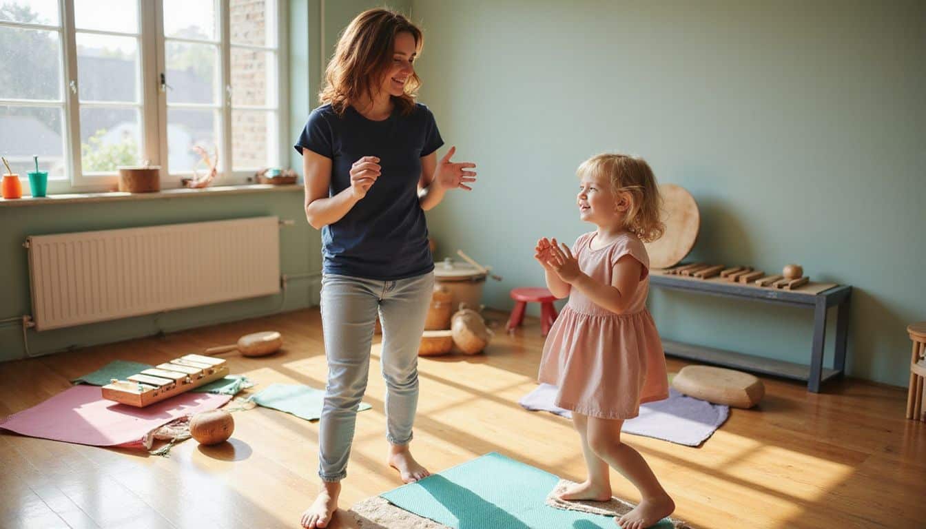 A mother and her daughter joyfully dance together in a vibrant music classroom filled with instruments and colorful mats. A mother and her daughter joyfully dance together in a vibrant music classroom filled with instruments and colorful mats.