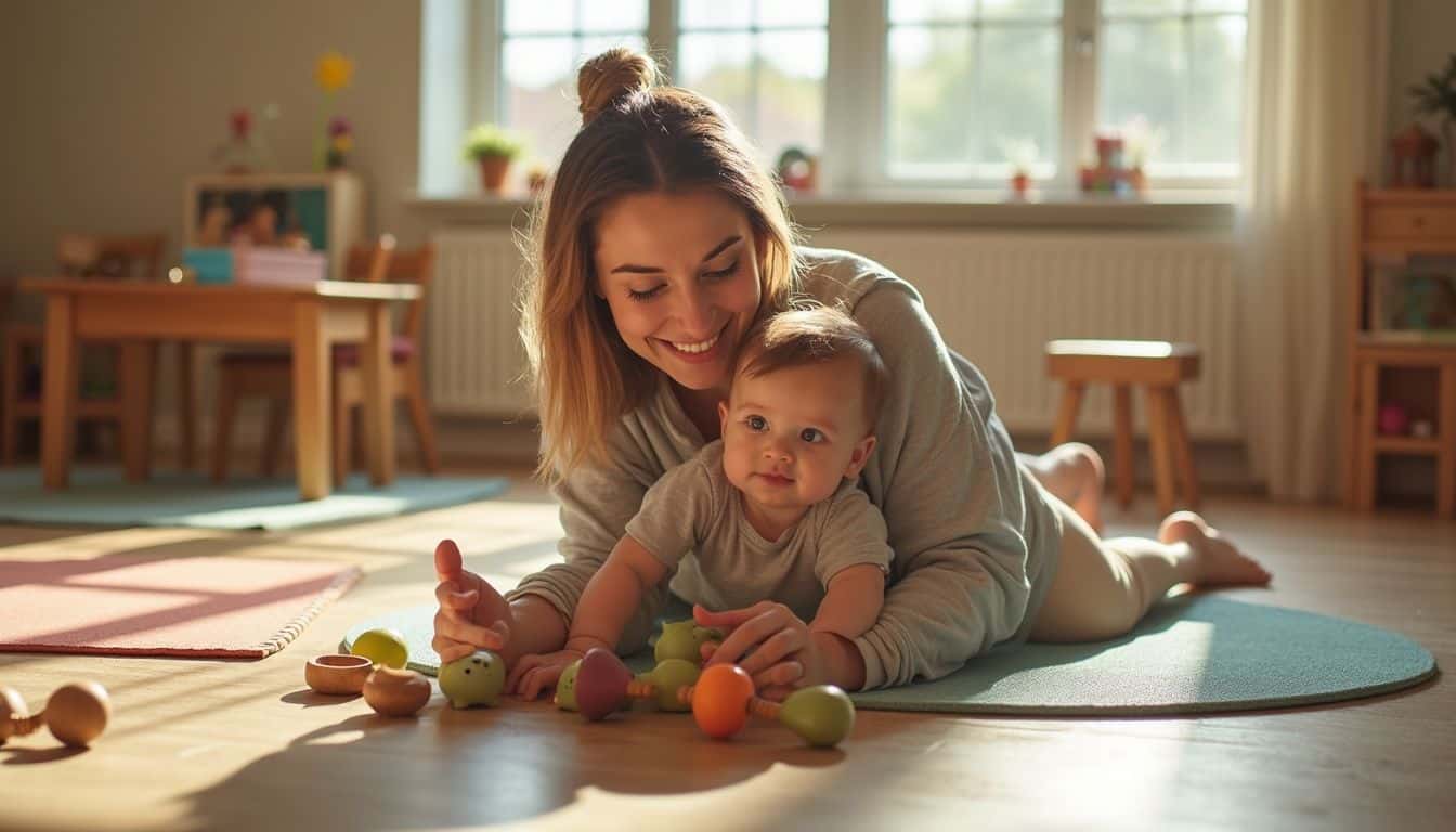 A mother and toddler enjoy a cozy, interactive mommy-and-me class surrounded by sensory toys and playful furnishings. A mother and toddler enjoy a cozy, interactive mommy-and-me class surrounded by sensory toys and playful furnishings.