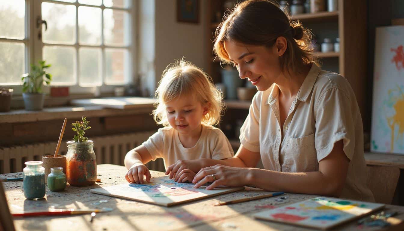 A mother and her toddler joyfully engage in painting together in a creative art studio filled with vibrant colors. A mother and her toddler joyfully engage in painting together in a creative art studio filled with vibrant colors.