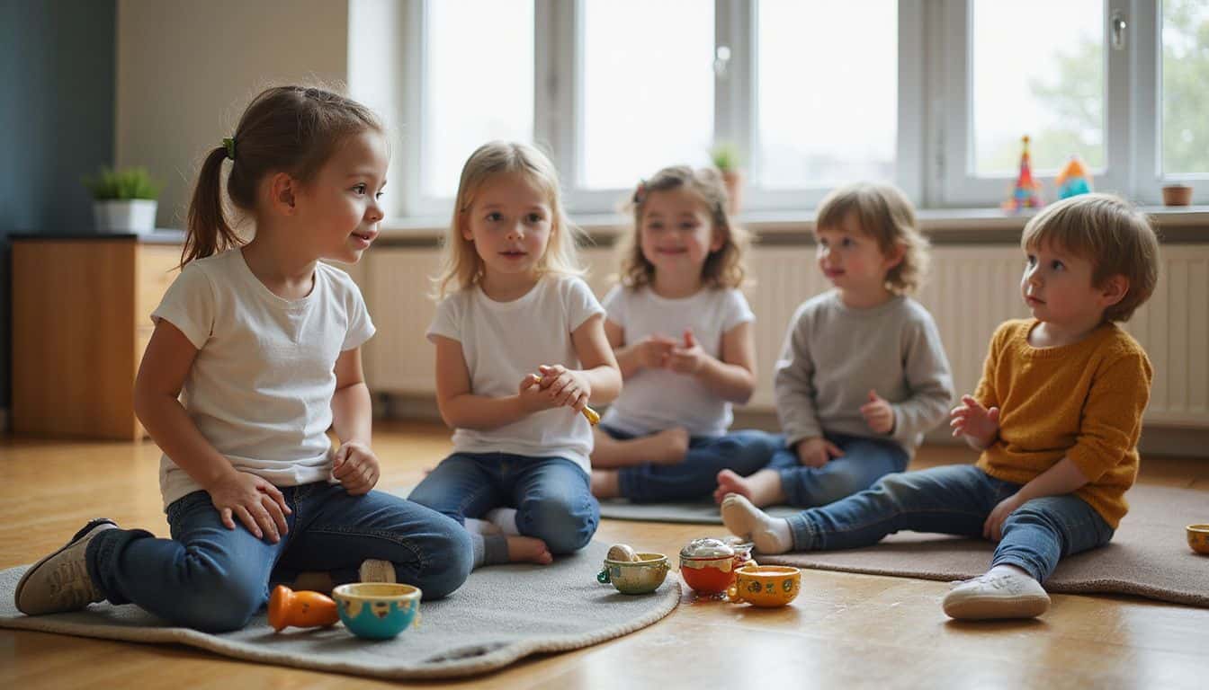 A diverse group of young children joyfully engages in music and movement activities surrounded by colorful instruments in a classroom. A diverse group of young children joyfully engages in music and movement activities surrounded by colorful instruments in a classroom.