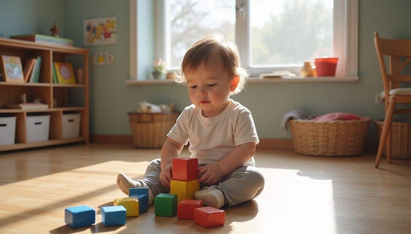 A toddler engages with colorful wooden blocks in a warm, inviting classroom filled with educational materials. A toddler engages with colorful wooden blocks in a warm, inviting classroom filled with educational materials.