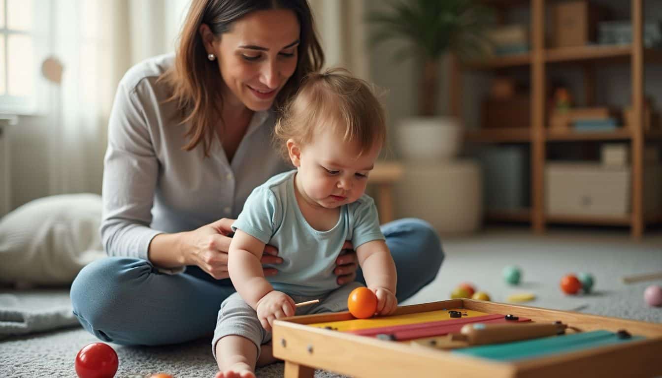 A mother and her toddler joyfully engage in a musical activity during a nurturing Mommy and Me class. A mother and her toddler joyfully engage in a musical activity during a nurturing Mommy and Me class.