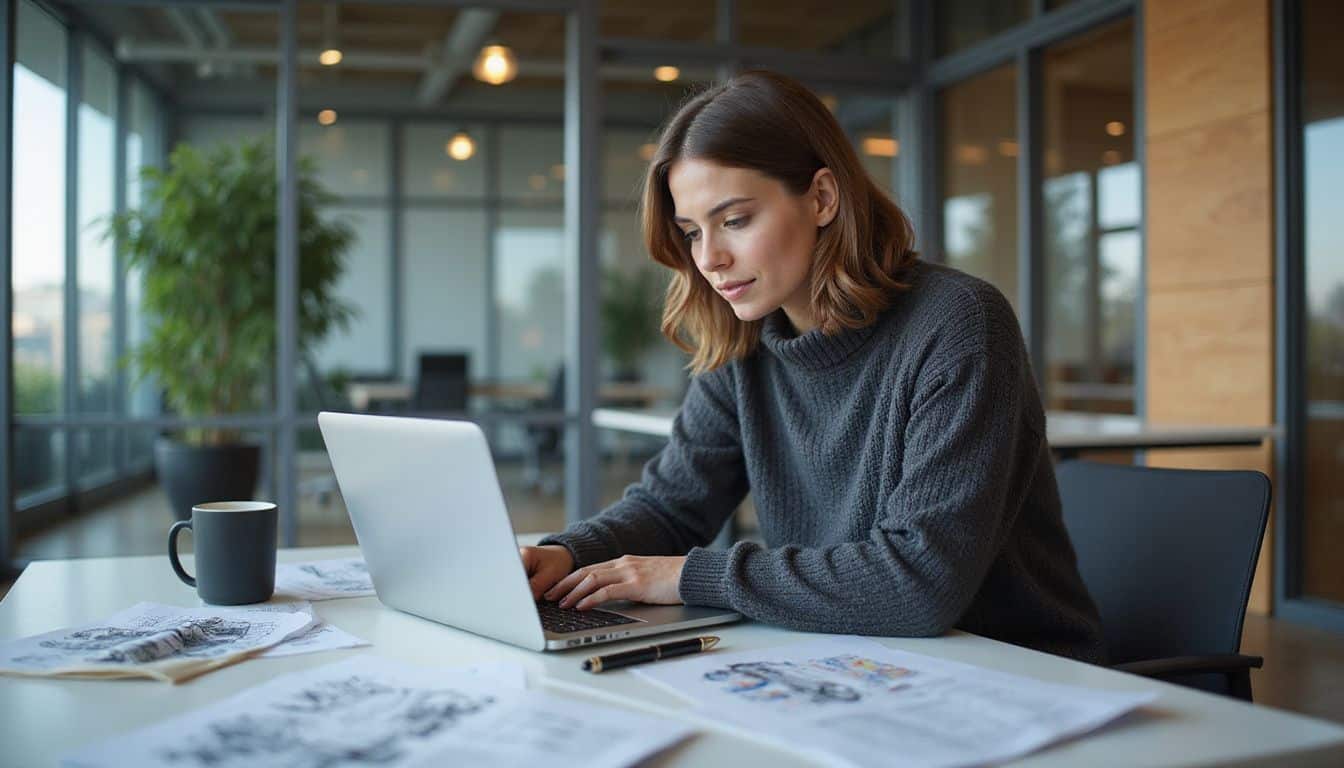 A focused woman studies intricate engine diagrams on her laptop at a minimalist office desk, surrounded by work materials. A focused woman studies intricate engine diagrams on her laptop at a minimalist office desk, surrounded by work materials.