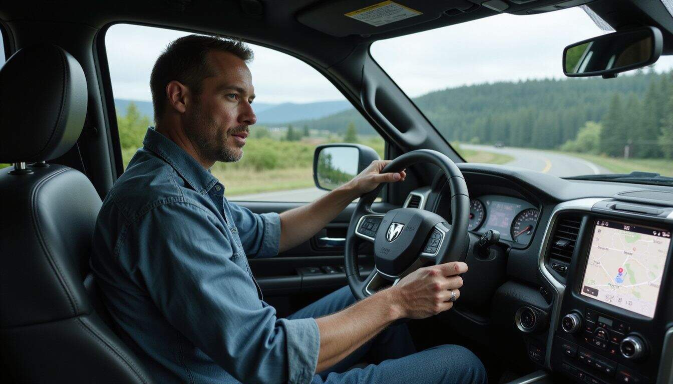A man in his 40s drives a 2025 Ram 1500 truck, focused on the road ahead. A man in his 40s drives a 2025 Ram 1500 truck, focused on the road ahead.