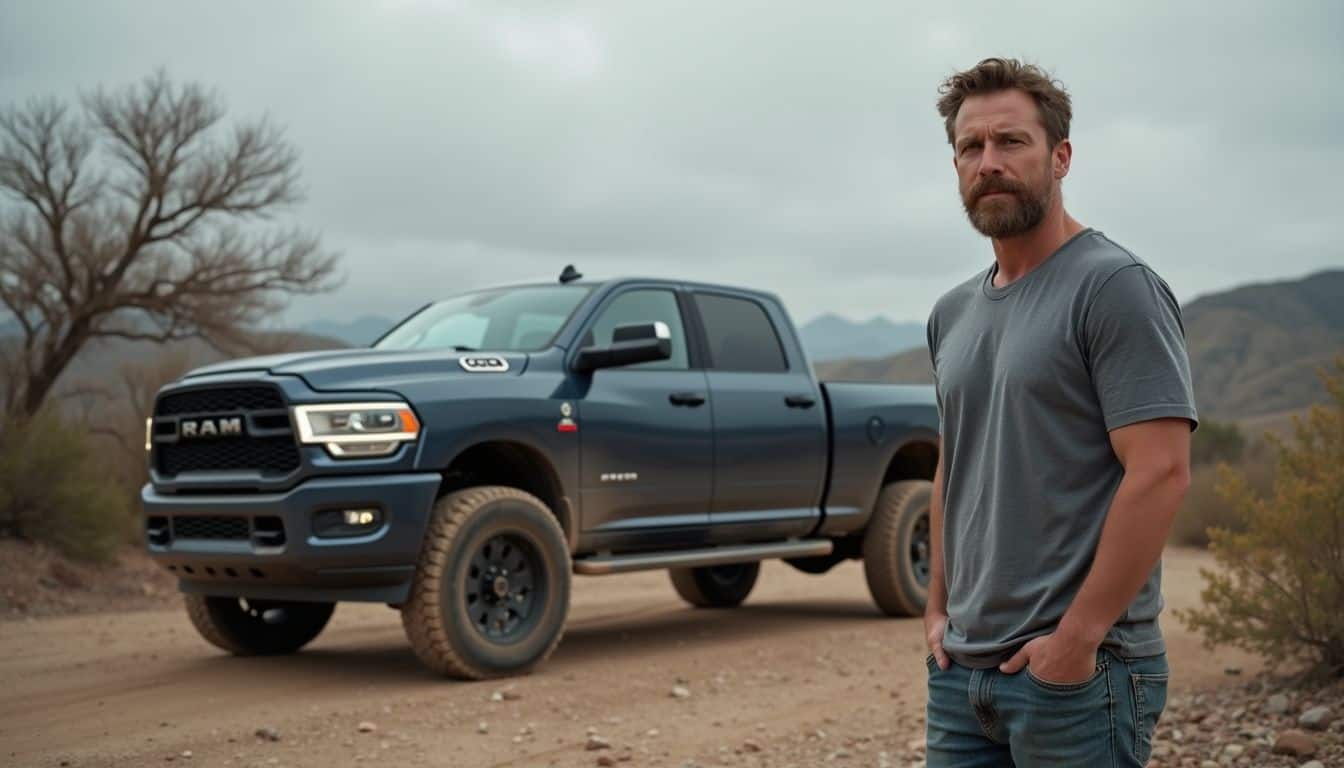 A man examines two trucks, a Ram 1500 and Ram 2500, in a rugged outdoor setting. A man examines two trucks, a Ram 1500 and Ram 2500, in a rugged outdoor setting.