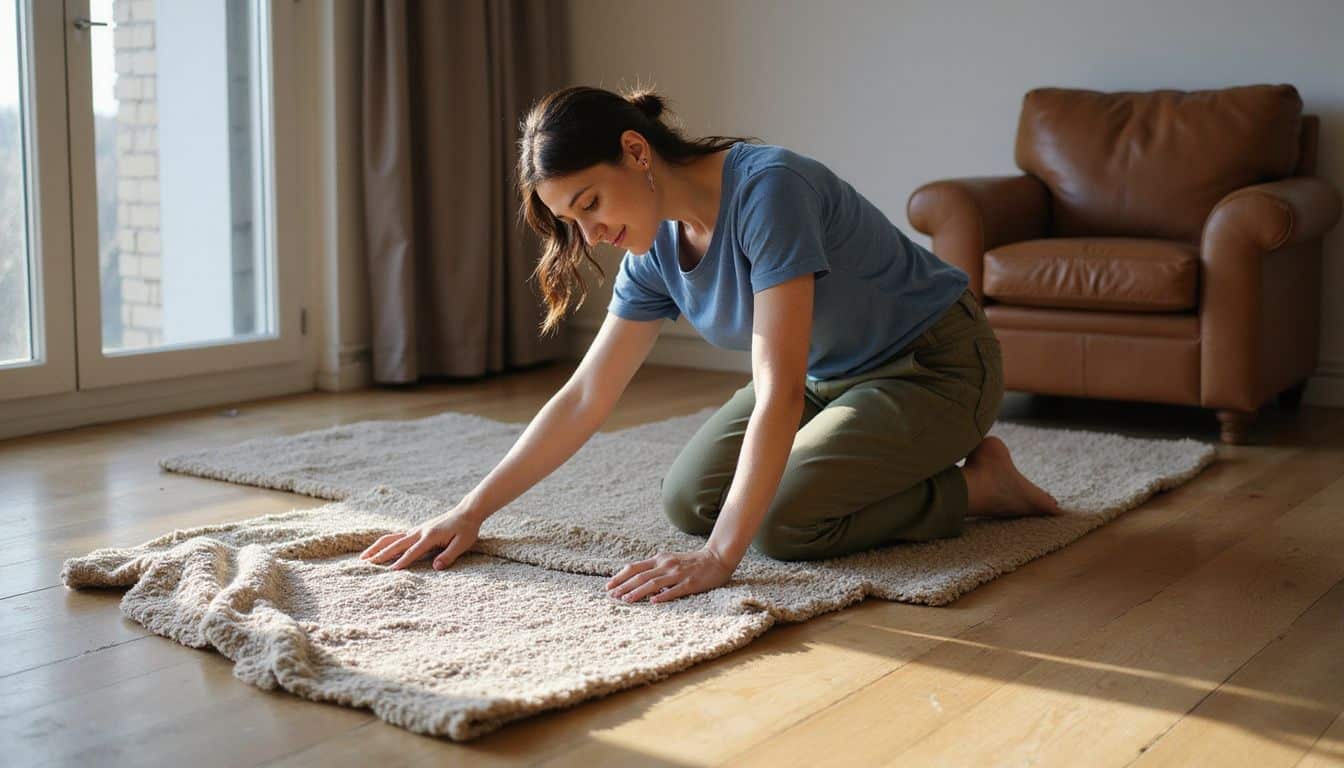 A woman kneels on a wooden floor, arranging rugs with a focused, content expression in a cozy living room. A woman kneels on a wooden floor, arranging rugs with a focused, content expression in a cozy living room.