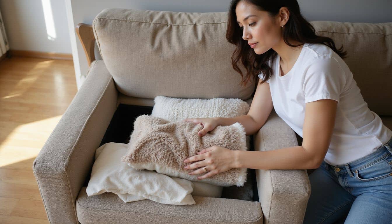 A woman organizes blankets and cushions inside a sofa, focused and calm in a cozy living room. A woman organizes blankets and cushions inside a sofa, focused and calm in a cozy living room.