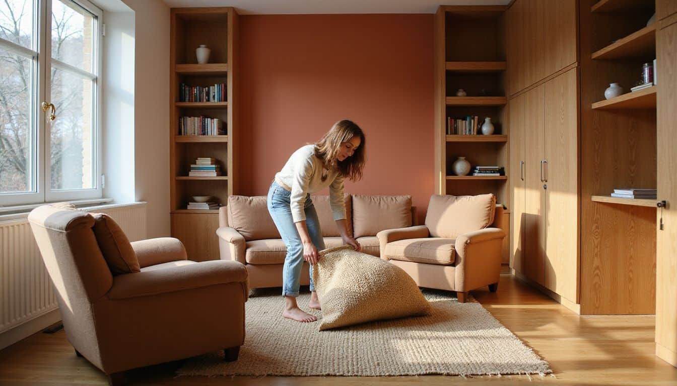 A woman arranges a large woven rug in a stylish, compact living room filled with carefully placed furnishings. A woman arranges a large woven rug in a stylish, compact living room filled with carefully placed furnishings.