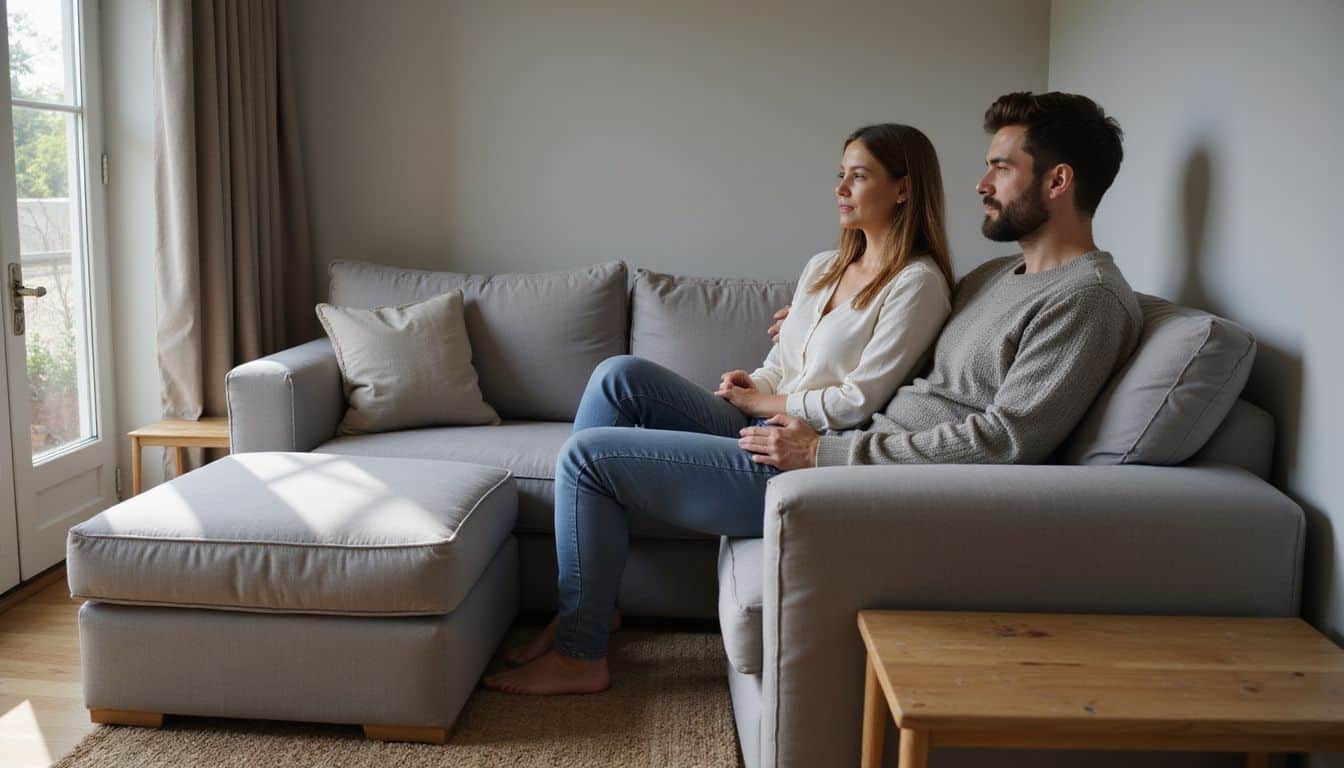 A couple in their early 30s relaxes on a cozy gray sectional sofa in a warm, inviting living room. A couple in their early 30s relaxes on a cozy gray sectional sofa in a warm, inviting living room.