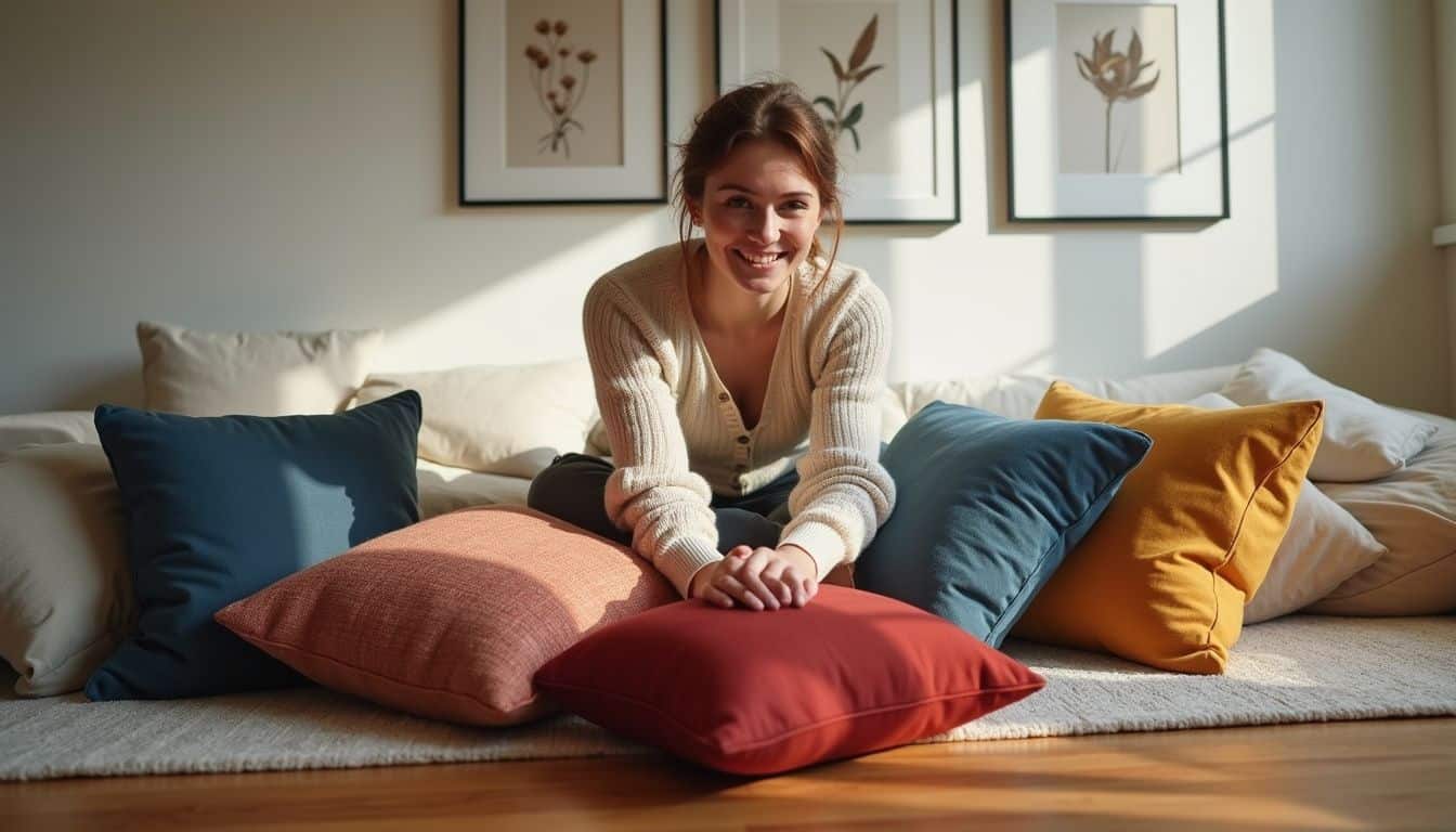 A woman arranges colorful fabric cushions in a cozy living room, reflecting a relaxed and contented demeanor. A woman arranges colorful fabric cushions in a cozy living room, reflecting a relaxed and contented demeanor.