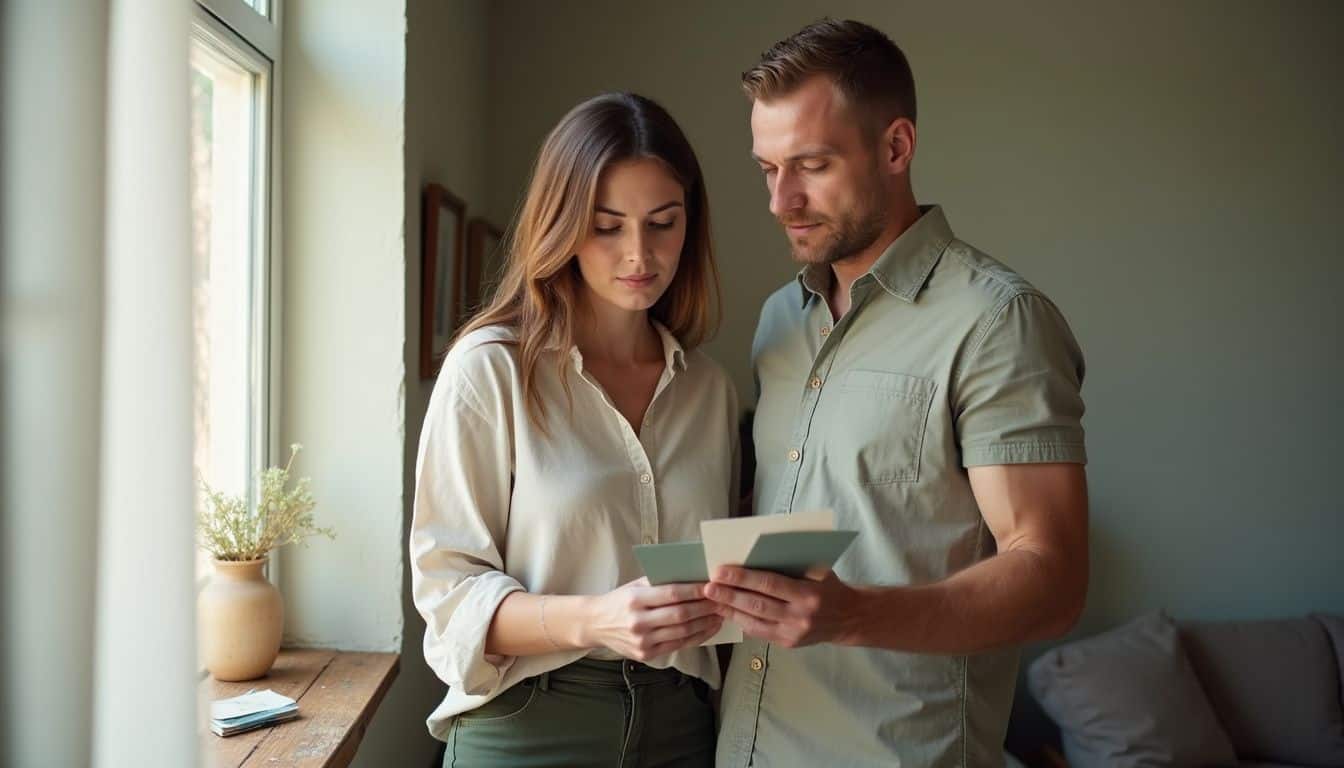 A couple thoughtfully examines paint swatches in their modest living room, aiming to enhance its sophisticated ambiance. A couple thoughtfully examines paint swatches in their modest living room, aiming to enhance its sophisticated ambiance.