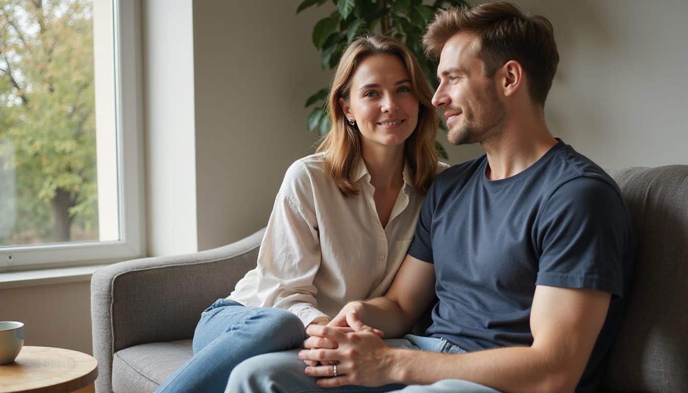 A couple sits closely on a sofa, engaged in an intimate conversation in a cozy living room. A couple sits closely on a sofa, engaged in an intimate conversation in a cozy living room.