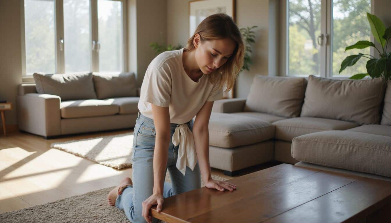 A woman in her 30s thoughtfully arranges furniture in a spacious, modern living room. A woman in her 30s thoughtfully arranges furniture in a spacious, modern living room.