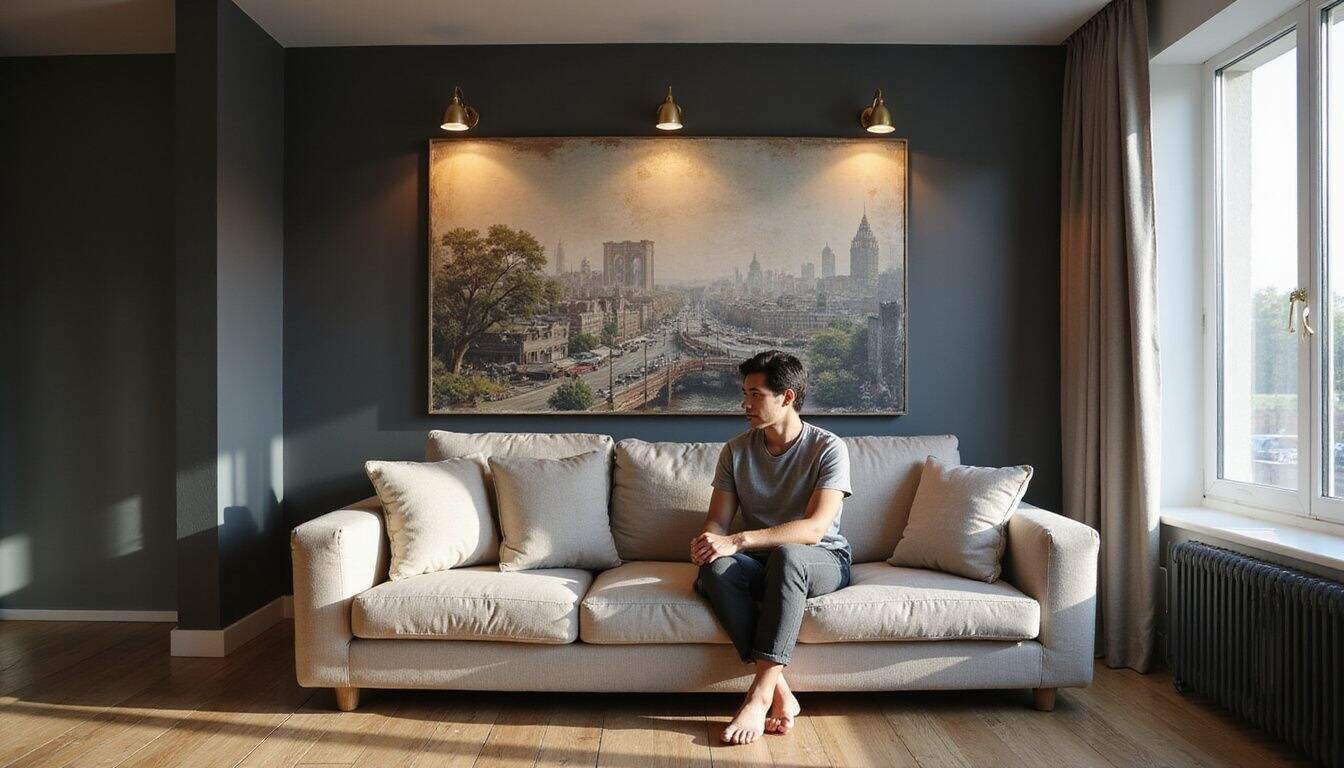 A person relaxes on a beige sofa, contemplating a detailed urban landscape mural on a charcoal gray accent wall. A person relaxes on a beige sofa, contemplating a detailed urban landscape mural on a charcoal gray accent wall.