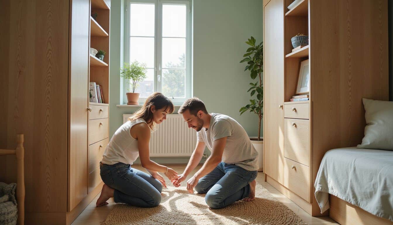A couple collaborates to arrange multifunctional furniture in a cozy, minimalist living room filled with sustainable materials. A couple collaborates to arrange multifunctional furniture in a cozy, minimalist living room filled with sustainable materials.