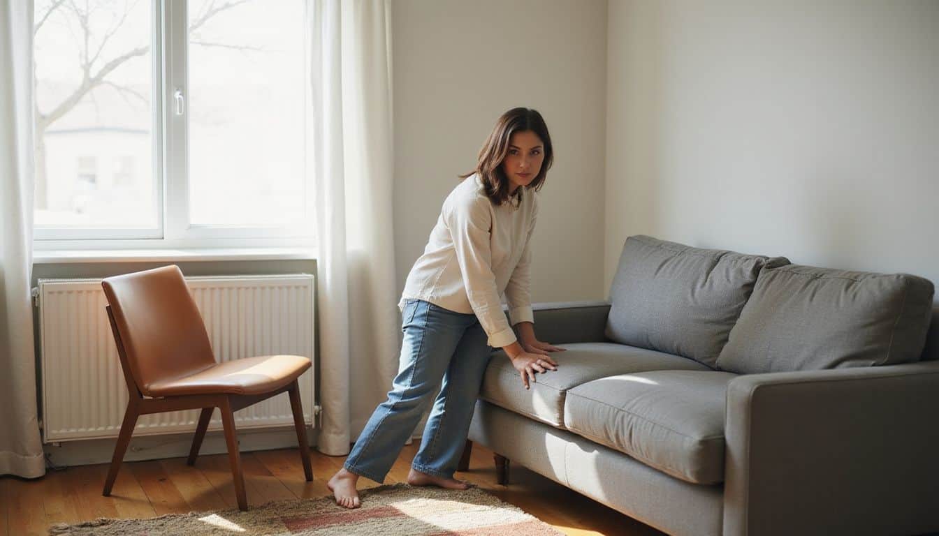 A woman in casual attire adjusts furniture in a cozy, minimalist living room with earthy tones and textured decor. A woman in casual attire adjusts furniture in a cozy, minimalist living room with earthy tones and textured decor.