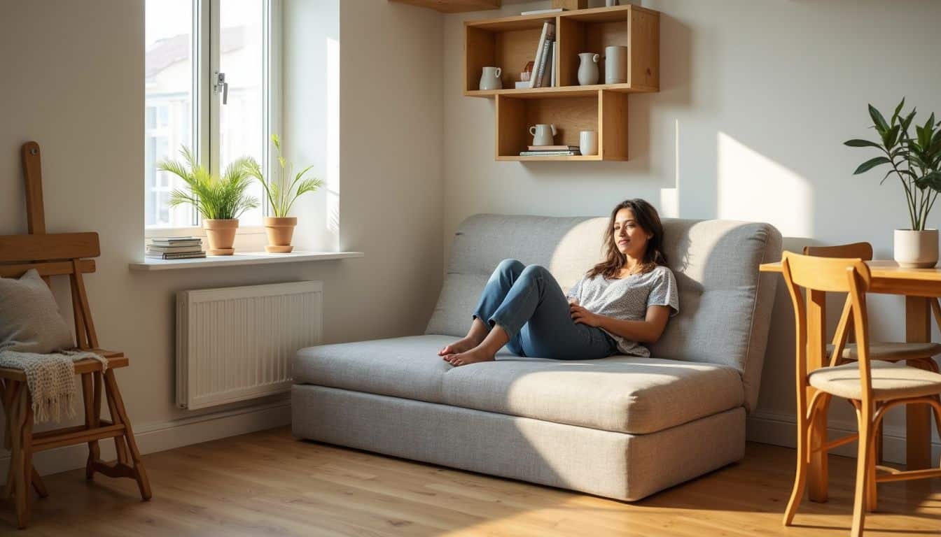 A cozy living room features a gray ottoman with blankets, a light oak dining set, and warm wooden shelves of decor. A cozy living room features a gray ottoman with blankets, a light oak dining set, and warm wooden shelves of decor.