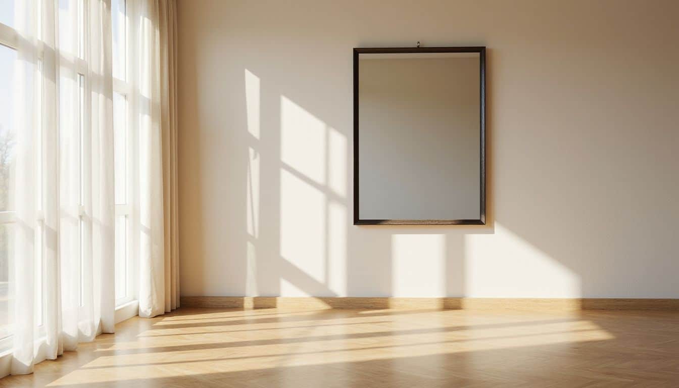 A spacious, inviting living room features natural wood floors, sheer curtains, and a large mirror against soft beige walls. A spacious, inviting living room features natural wood floors, sheer curtains, and a large mirror against soft beige walls.
