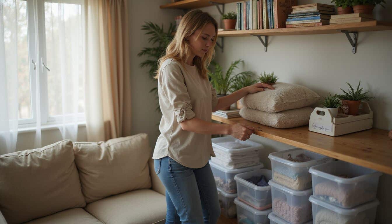 A woman in casual attire organizes items in a cozy, lived-in living room filled with books and plants. A woman in casual attire organizes items in a cozy, lived-in living room filled with books and plants.