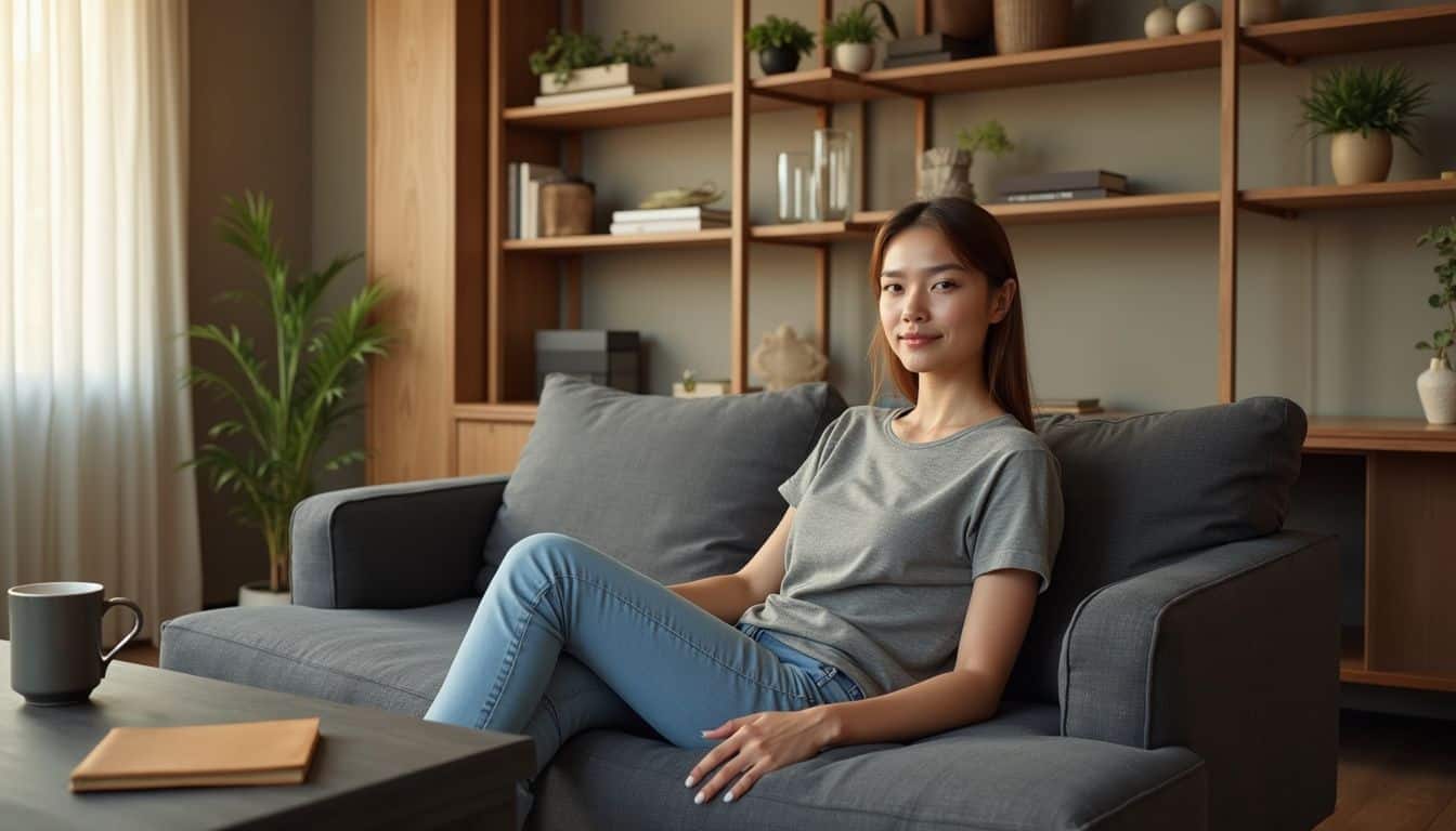 A woman sits thoughtfully on a sofa in a cozy, well-decorated room with functional furniture and plants. A woman sits thoughtfully on a sofa in a cozy, well-decorated room with functional furniture and plants.