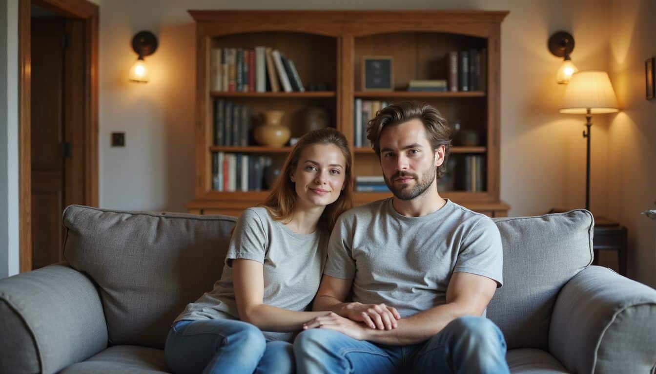 A couple in their 30s sits closely on a gray loveseat in a cozy, inviting living room. A couple in their 30s sits closely on a gray loveseat in a cozy, inviting living room.