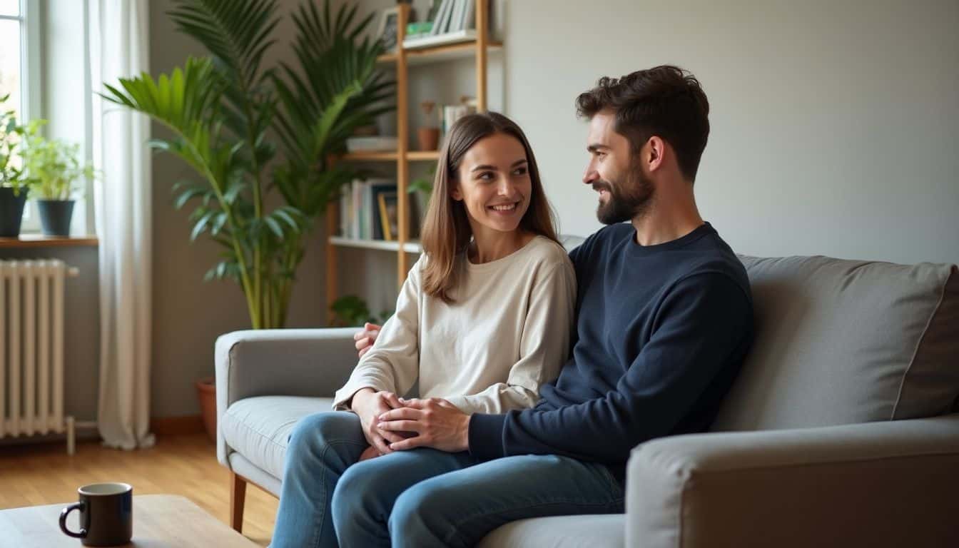 A relaxed couple sits together on a minimalist sofa in a cozy, well-decorated living room. A relaxed couple sits together on a minimalist sofa in a cozy, well-decorated living room.
