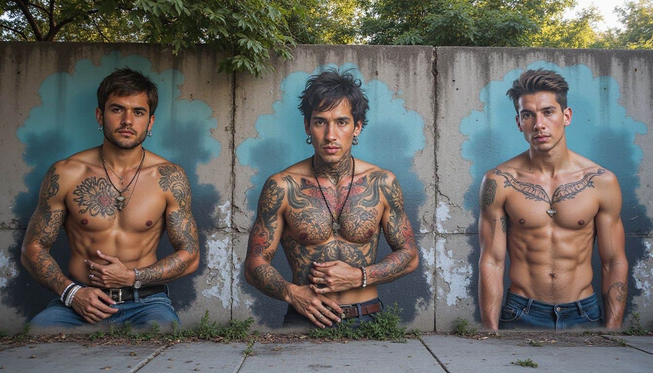 The photo features a textured concrete wall adorned with hyper-realistic graffiti of human skin and intricate tattoos. The photo features a textured concrete wall adorned with hyper-realistic graffiti of human skin and intricate tattoos.