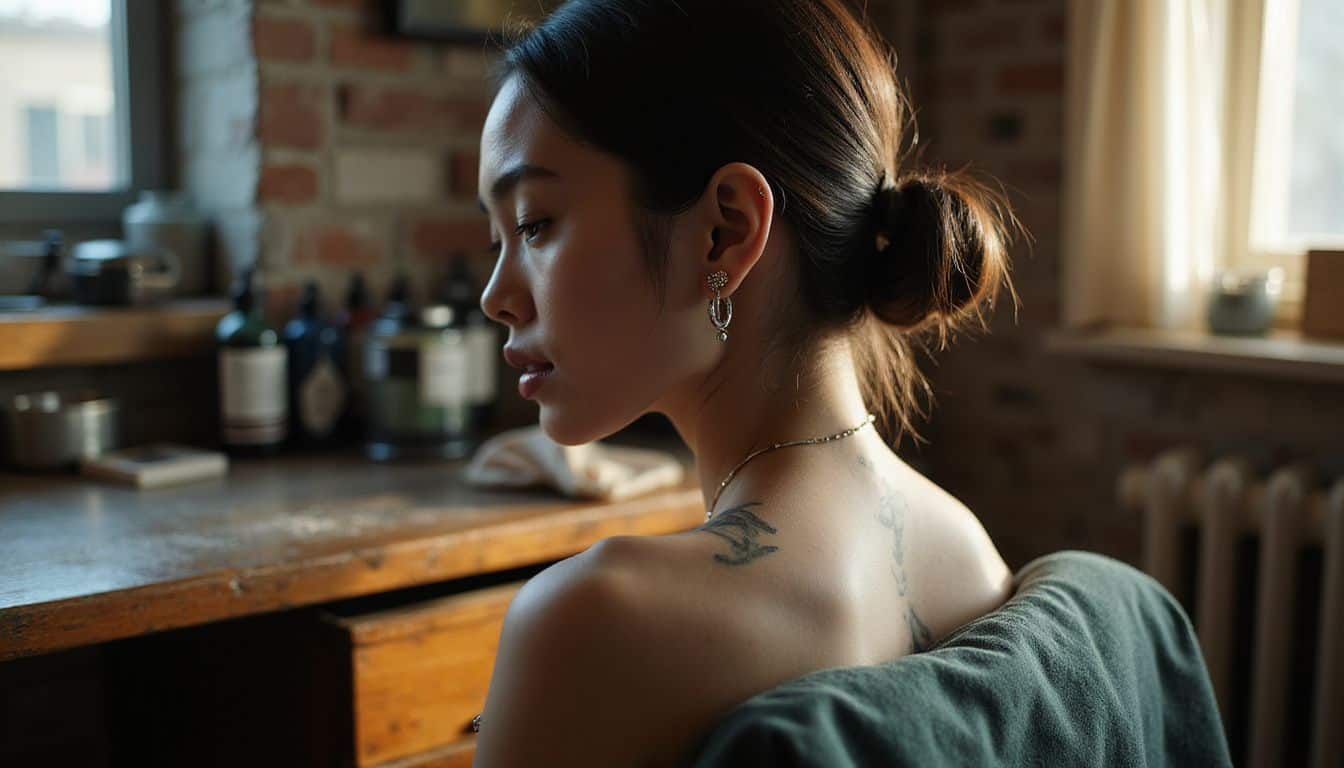 A young woman in a tattoo parlor showcases delicate tattoos and intricate ear jewelry while seated quietly. A young woman in a tattoo parlor showcases delicate tattoos and intricate ear jewelry while seated quietly.