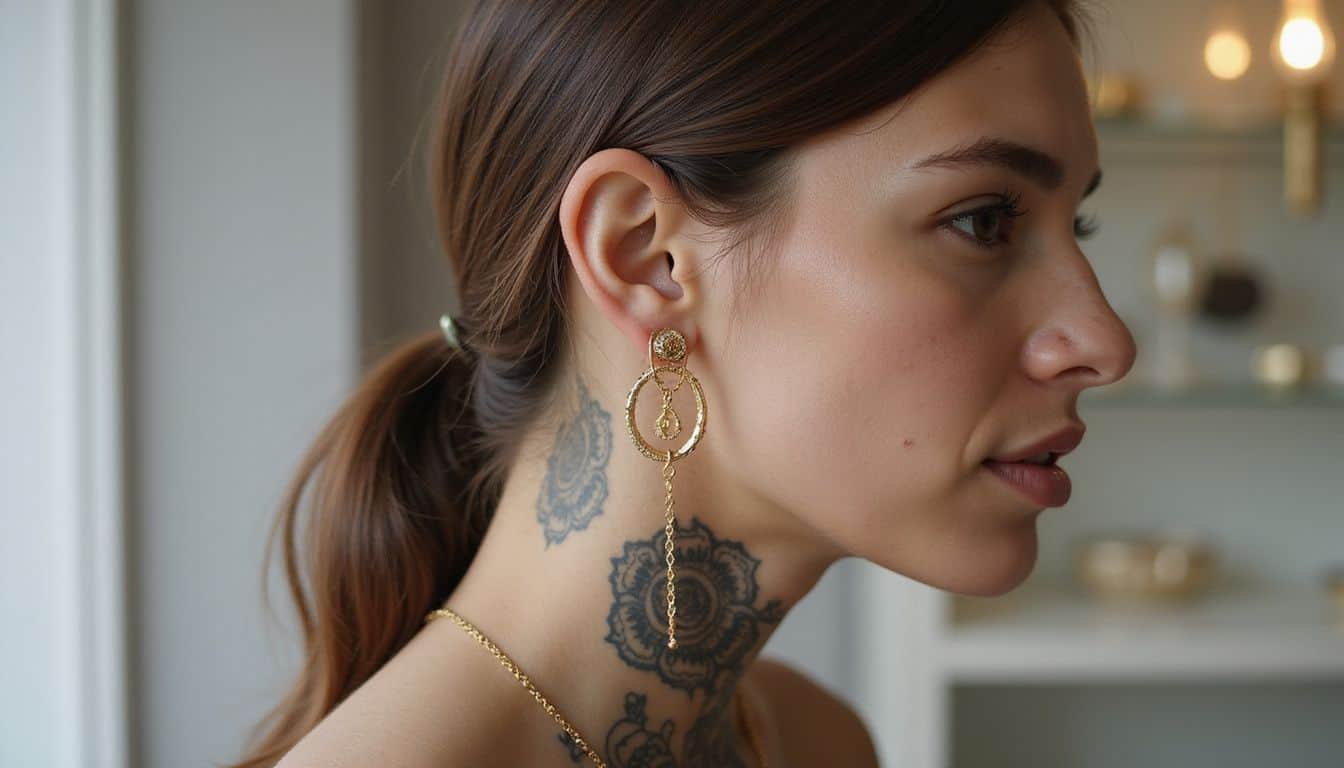 A woman showcases elegant gold-filled earrings and intricate ear tattoos, emphasizing personal style and artistry. A woman showcases elegant gold-filled earrings and intricate ear tattoos, emphasizing personal style and artistry.