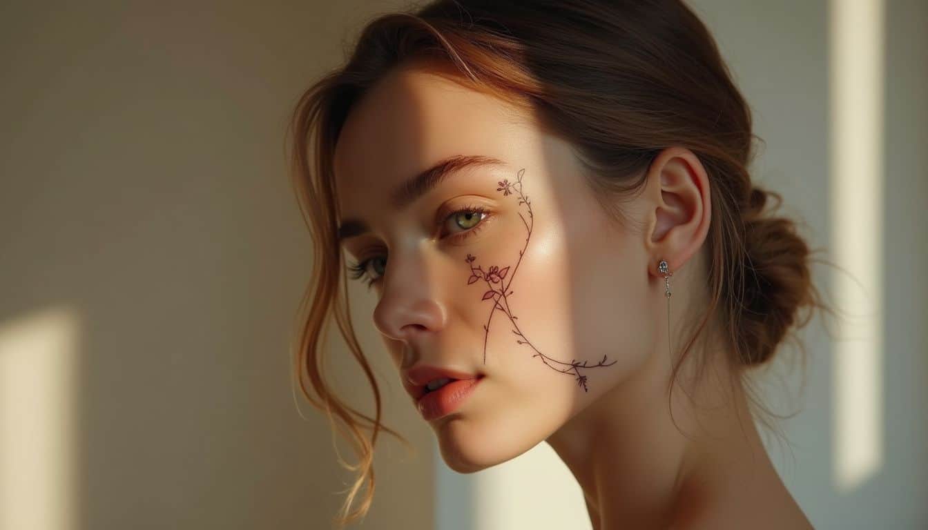 A young woman showcases a delicate floral tattoo near her ear, coupled with a polished silver stud piercing. A young woman showcases a delicate floral tattoo near her ear, coupled with a polished silver stud piercing.