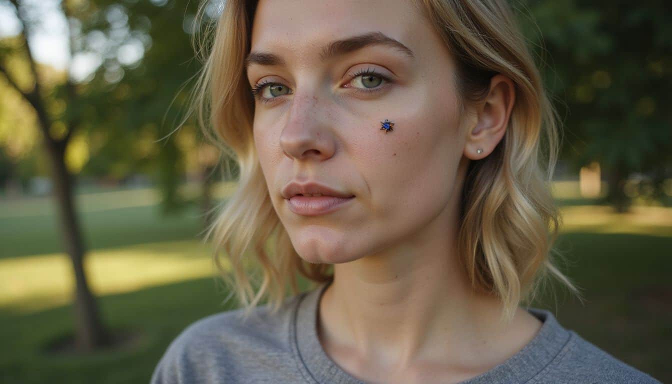 A young woman with a starburst tattoo and a relaxed demeanor poses calmly in a blurred outdoor setting. A young woman with a starburst tattoo and a relaxed demeanor poses calmly in a blurred outdoor setting.