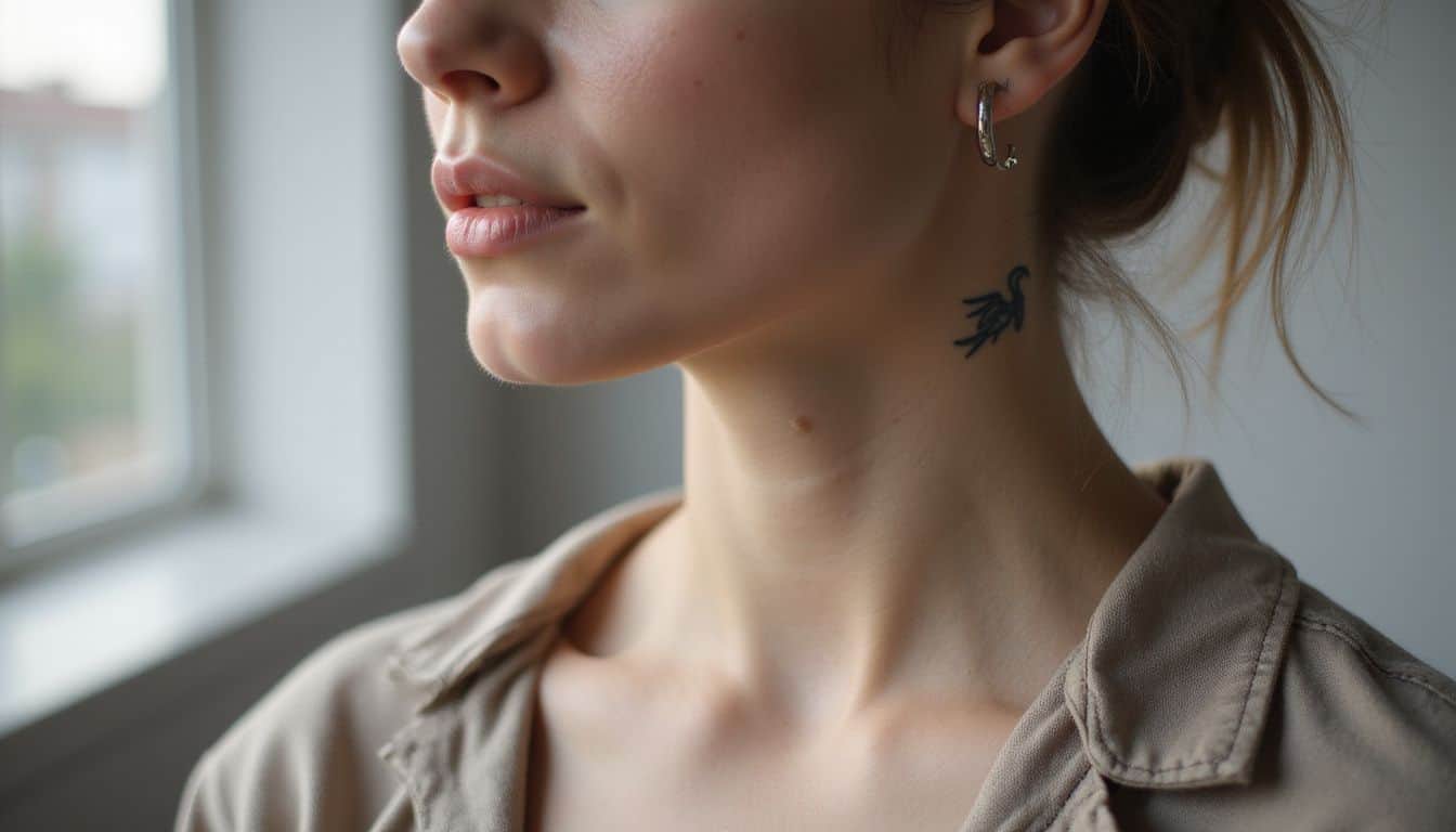 A close-up of a glow-in-the-dark tattoo and stainless steel piercing on smooth skin in a minimalist setting. A close-up of a glow-in-the-dark tattoo and stainless steel piercing on smooth skin in a minimalist setting.