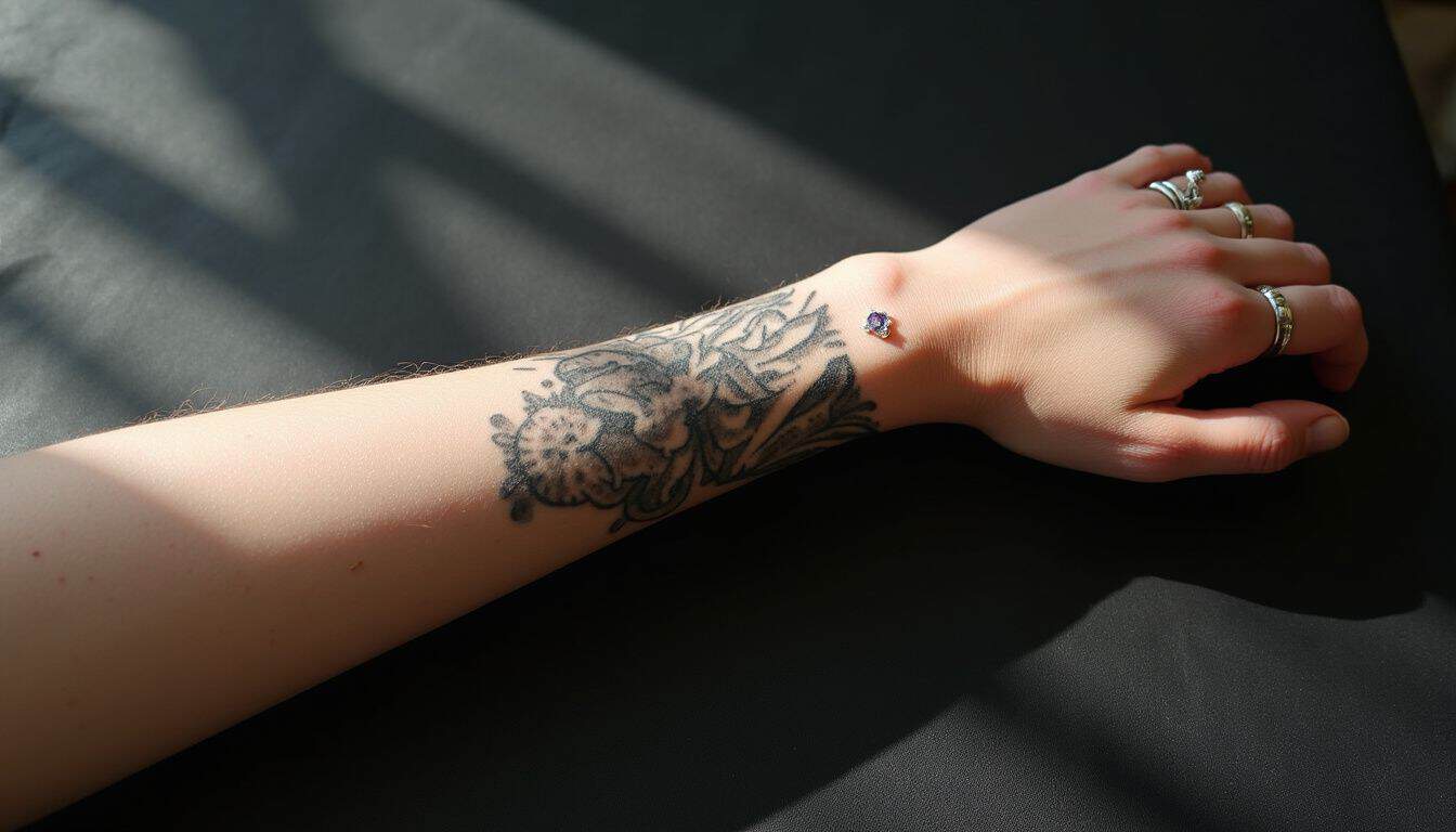 A close-up of a forearm adorned with a detailed tattoo and silver piercings against a matte black surface. A close-up of a forearm adorned with a detailed tattoo and silver piercings against a matte black surface.